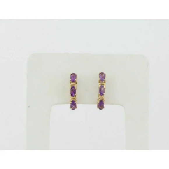 10k Yellow Gold Natural Amethyst Earrings Half Hoop - Picture 6 of 8
